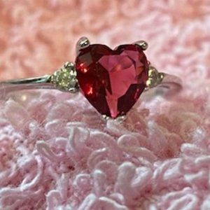 New* RASPBERRY RUBY Heart CZ STERLING SILVER Ring * sz 4 * July Birthstone